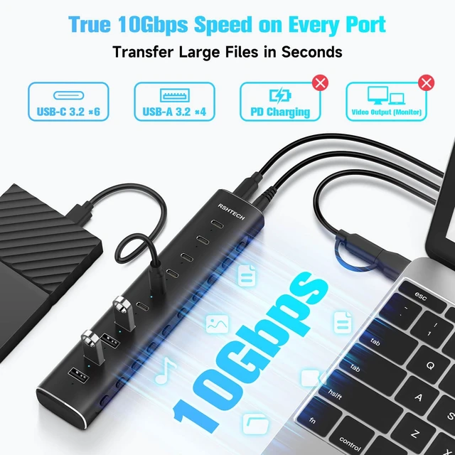 Alt view image 3 of 7 - RSHTECH 10-Port Powered USB C 3.2 Hub 60W with 10Gbps USB 3.2 Ports(6C+4A) | Individual ON/OFF Switches, 3.3ft Detachable USB-A/USB-C Cable, Aluminum USB Extender Hub for Laptop PC, RSH-H10C6