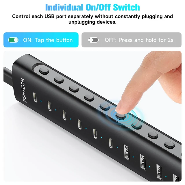 Alt view image 6 of 7 - RSHTECH 10-Port Powered USB C 3.2 Hub 60W with 10Gbps USB 3.2 Ports(6C+4A) | Individual ON/OFF Switches, 3.3ft Detachable USB-A/USB-C Cable, Aluminum USB Extender Hub for Laptop PC, RSH-H10C6