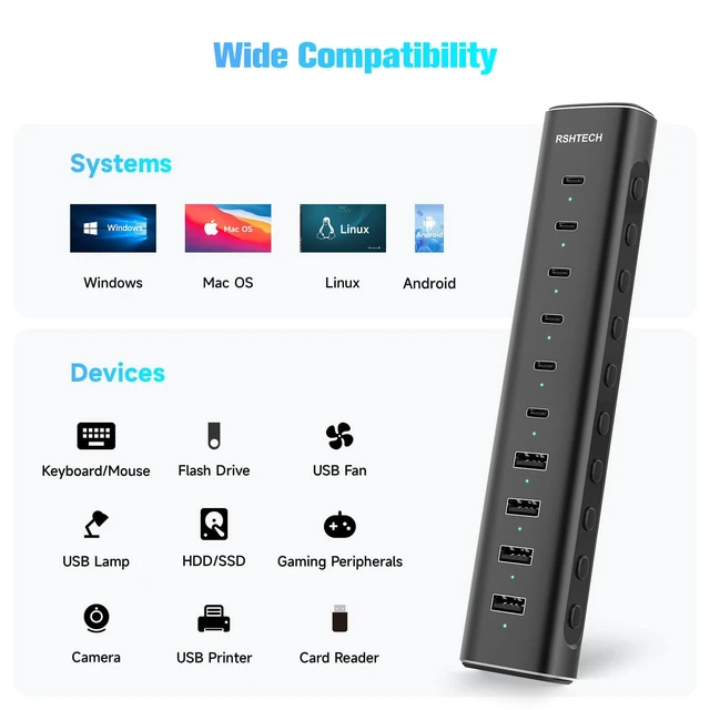 Alt view image 7 of 7 - RSHTECH 10-Port Powered USB C 3.2 Hub 60W with 10Gbps USB 3.2 Ports(6C+4A) | Individual ON/OFF Switches, 3.3ft Detachable USB-A/USB-C Cable, Aluminum USB Extender Hub for Laptop PC, RSH-H10C6