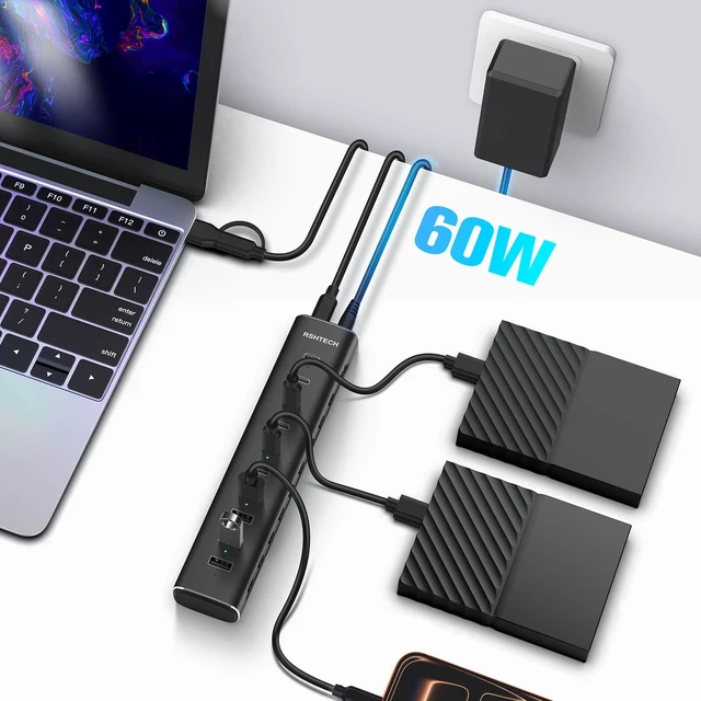 Alt view image 4 of 7 - RSHTECH 10-Port Powered USB C 3.2 Hub 60W with 10Gbps USB 3.2 Ports(6C+4A) | Individual ON/OFF Switches, 3.3ft Detachable USB-A/USB-C Cable, Aluminum USB Extender Hub for Laptop PC, RSH-H10C6