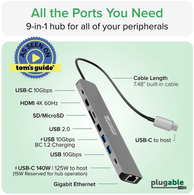 Alt view image 3 of 7 - Plugable USB C Hub Multiport Adapter: 9-in-1 with 140W PD Charging | 4K 60Hz HDMI, 10Gbps Data Transfer, Gigabit Ethernet, SD for USBC, USB4, Thunderbolt, MacBook, Windows, Chromebook USBC-9IN1E