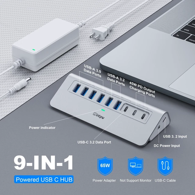Alt view image 2 of 7 - intpw Powered USB Hub 10Gbps, 9-Port USB 3.2/USB C Hub, 65W Power Adapter | 2 USB-A 3.2 + USB-C 3.2 , 2 PD 45W Charging Ports , 4 USB 3.0 , 3.3FT Cable , Aluminum USB Hub for PC,Laptop,iPhone 17/16/15