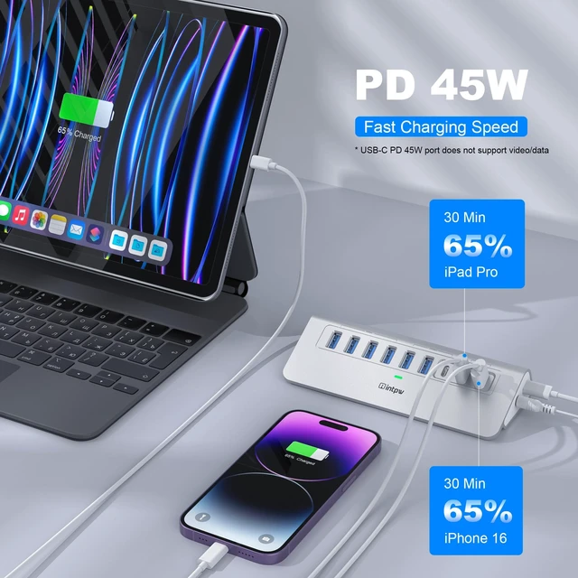 Alt view image 4 of 7 - intpw Powered USB Hub 10Gbps, 9-Port USB 3.2/USB C Hub, 65W Power Adapter | 2 USB-A 3.2 + USB-C 3.2 , 2 PD 45W Charging Ports , 4 USB 3.0 , 3.3FT Cable , Aluminum USB Hub for PC,Laptop,iPhone 17/16/15