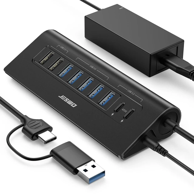 Main image of Powered USB Hub, 10Gbps 9-Port JESWO USB Hub, USB 3.2 45W Charging for PC | USB C Hub with 65W adapter, 2 USB 2.0 + 4 USB 3.0 + 3 USB 3.2 A+C ports, Aluminum for PC, Mac, laptop, desktop, and iPhone