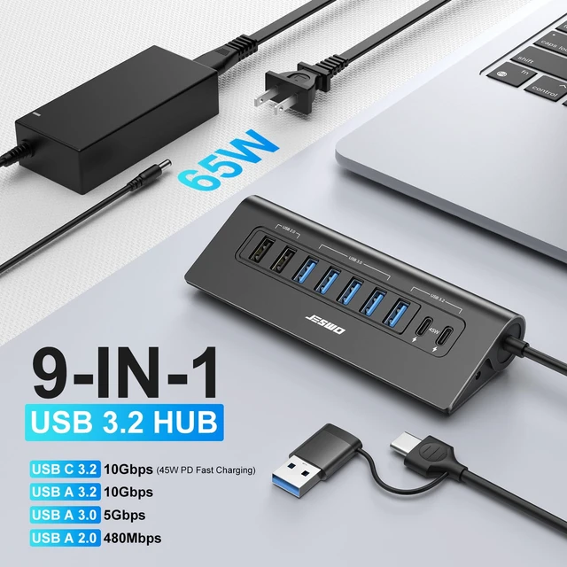Alt view image 2 of 7 - Powered USB Hub, 10Gbps 9-Port JESWO USB Hub, USB 3.2 45W Charging for PC | USB C Hub with 65W adapter, 2 USB 2.0 + 4 USB 3.0 + 3 USB 3.2 A+C ports, Aluminum for PC, Mac, laptop, desktop, and iPhone
