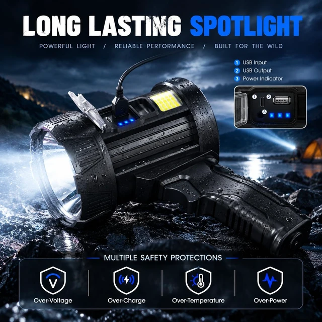 Alt view image 4 of 7 - ECLINCO Rechargeable LED Spotlight Flashlight: 2,000,000 lm Super Bright Handheld Searchlight with COB Work Light & Solar Panel for Camping, Boating & Home