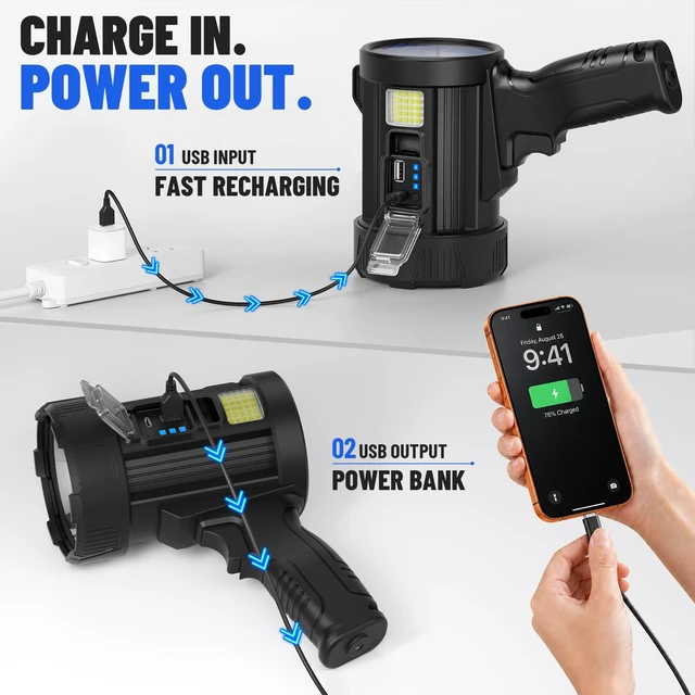 Alt view image 3 of 7 - ECLINCO Rechargeable LED Spotlight Flashlight: 2,000,000 lm Super Bright Handheld Searchlight with COB Work Light & Solar Panel for Camping, Boating & Home