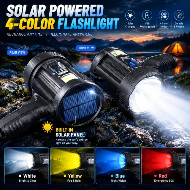 Alt view image 6 of 7 - ECLINCO Rechargeable LED Spotlight Flashlight: 2,000,000 lm Super Bright Handheld Searchlight with COB Work Light & Solar Panel for Camping, Boating & Home