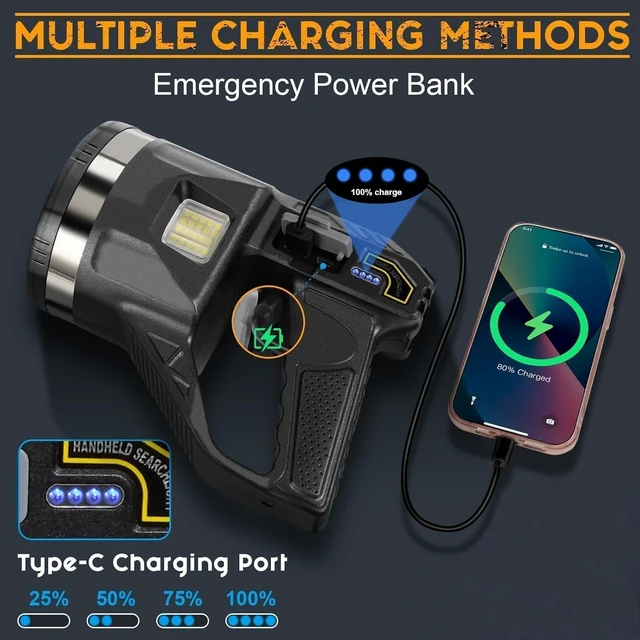 Alt view image 3 of 7 - LiangJJ 2000000 Lumens Super Bright Rechargeable Spotlight with Strap, XL | 15000mAh, 18Hrs, 6 Modes, IPX7 Waterproof Handheld LED Spot Lights Flashlight Outdoor with Tripod, for Boat, Hunting