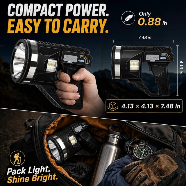 Alt view image 4 of 7 - LiangJJ 2000000 Lumens Super Bright Rechargeable Spotlight with Strap, XL | 15000mAh, 18Hrs, 6 Modes, IPX7 Waterproof Handheld LED Spot Lights Flashlight Outdoor with Tripod, for Boat, Hunting