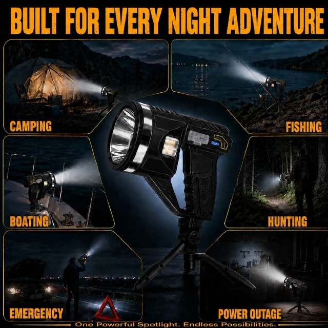 Alt view image 5 of 7 - LiangJJ 2000000 Lumens Super Bright Rechargeable Spotlight with Strap, XL | 15000mAh, 18Hrs, 6 Modes, IPX7 Waterproof Handheld LED Spot Lights Flashlight Outdoor with Tripod, for Boat, Hunting