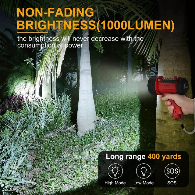 Alt view image 2 of 7 - YIERBLUE Rechargeable Spotlight Flashlight with 2000,000 High Lumen LED | IP67 Waterproof Long Running Spot Light searchlight, Impact Resistant Handheld Spotlight with Foldable Stand and Red Lens