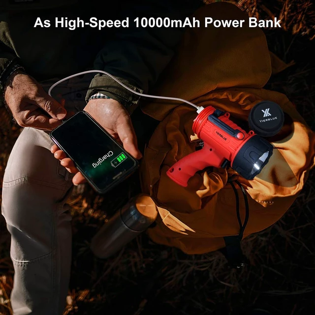 Alt view image 6 of 7 - YIERBLUE Rechargeable Spotlight Flashlight with 2000,000 High Lumen LED | IP67 Waterproof Long Running Spot Light searchlight, Impact Resistant Handheld Spotlight with Foldable Stand and Red Lens