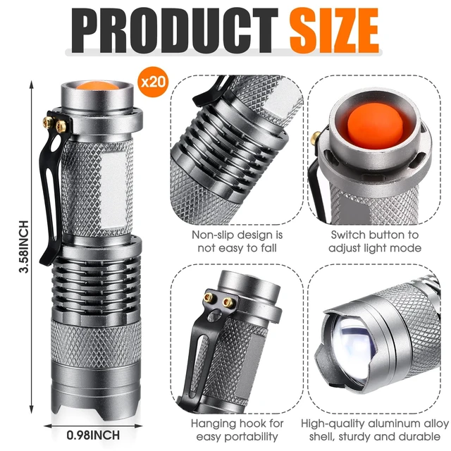 Alt view image 2 of 6 - Fumete 20 Pack Mini LED Tactical Flashlights | Compact 3-mode pocket flashlights with adjustable focus for camping, hiking, emergency kits, gifts and daily carry.