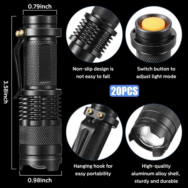 Alt view image 2 of 6 - Fumete 20 Pack Mini LED Tactical Flashlights | Compact 3-mode pocket flashlights with adjustable focus for camping, hiking, emergency kits, gifts and daily carry.