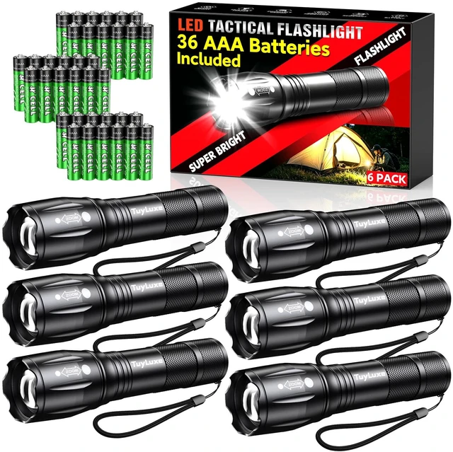 Main image of TuyLuxe 6 Pack Mini LED Flashlights High Lumens, 36 AAA Batteries Included | Compact Aluminum Pocket Flashlights Small, Lightweight, 3 Modes, Zoomable, IP65 Waterproof for Home, Emergency & Camping