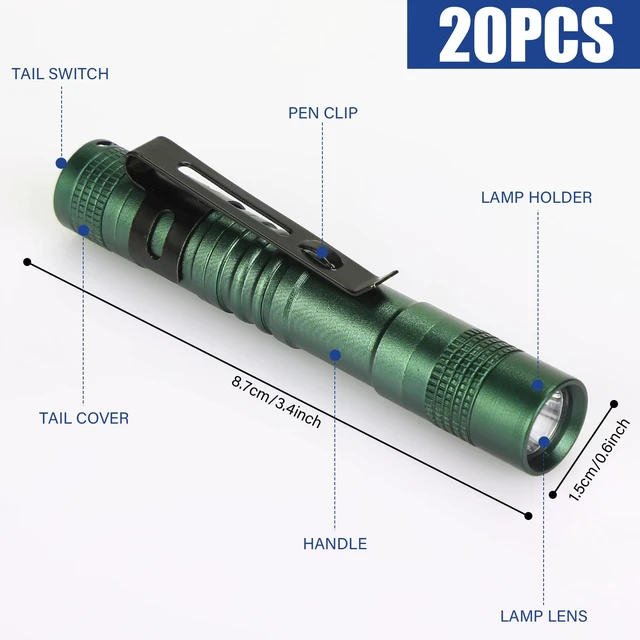 Alt view image 4 of 7 - Hortsun 20 Pcs Mini Pen Light Flashlights Father Day Gifts for Men Pocket Flashlights Pen with Clip Small LED Handheld Slim Torches Without Battery(3.54 Inch,Green)