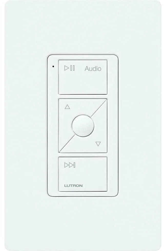 Alt view image 5 of 6 - Lutron Pico Remote for Audio, Works with Sonos (Smart Hub Required) | 3-Button control, raise/lower volume, pause and skip tracks, for table top or wallmount use, PJ2-3BRL-GWH-A02, White