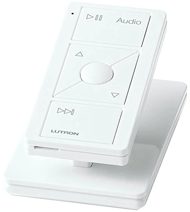Alt view image 3 of 6 - Lutron Pico Remote for Audio, Works with Sonos (Smart Hub Required) | 3-Button control, raise/lower volume, pause and skip tracks, for table top or wallmount use, PJ2-3BRL-GWH-A02, White