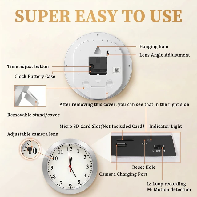 Alt view image 6 of 7 - 1080P Nanny Cam Hidden Spy Camera Wall Clock Security Camera Video Only | HD 1080P Loop Video, Motion Detection, Video Only Designed for Indoor Home Office Security, Local Video Storage without WiFi
