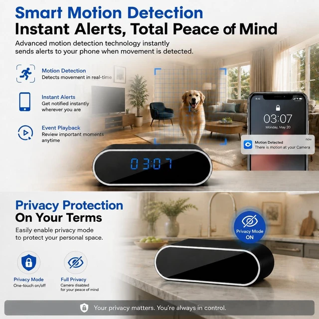 Alt view image 5 of 6 - braosusner 1080P HD Clock Camera WiFi, Indoor Wireless Security Camera with Motion Detection, Night Vision, Remote Monitoring, Nanny Cam for Home, Office, Elderly, Baby and Pet Care