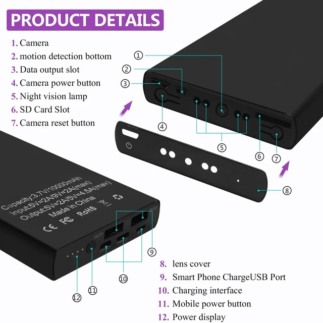 Alt view image 7 of 7 - icamdoor Security Camera, Hidden Spy Camera, 1080P Nanny Cam, No WiFi | Portable, 10,000mAh Long Battery, Indoor/Outdoor Surveillance, Night Vision, Motion Detection