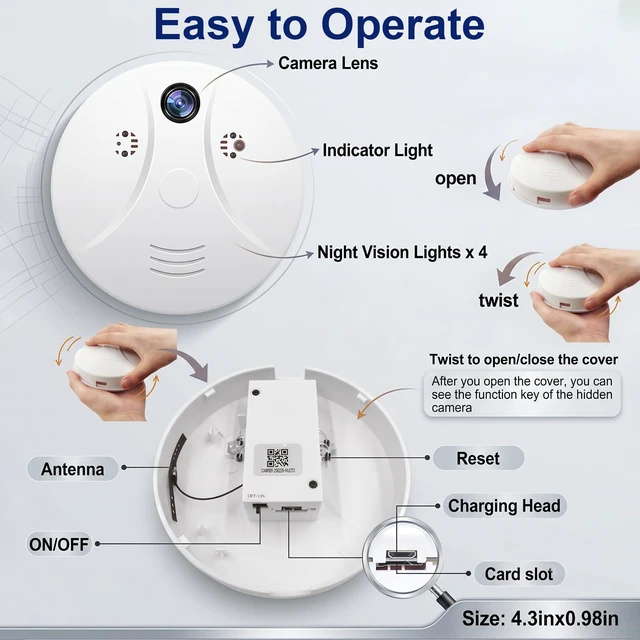 Alt view image 6 of 7 - isecumated WiFi Hidden Spy Smoke Detector Camera, Indoor Wireless Nanny Cam | 1080p HD, Motion Detection, Loop Recording, Wifi Connectionl, Night vision function, Visible Ceiling Mount For Home/Office