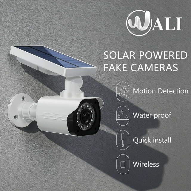 Alt view image 2 of 7 - WALI Solar Powered Fake Camera with Motion Sensor Floodlight, 2 Pack, White | Dummy Cameras for Outside, Wireless Simulated Cam, Realistic Look, Larger Solar Panel, Weatherproof