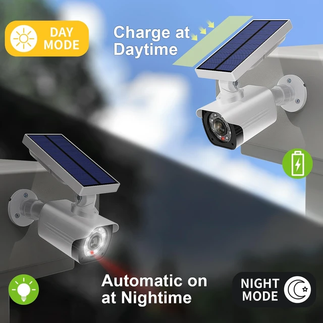 Alt view image 3 of 7 - WALI Solar Powered Fake Camera with Motion Sensor Floodlight, 2 Pack, White | Dummy Cameras for Outside, Wireless Simulated Cam, Realistic Look, Larger Solar Panel, Weatherproof