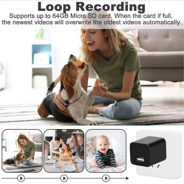 Alt view image 5 of 7 - Security Camera, Hidden Spy Camera with USB Charger, 1080P Nanny Cam | Mini Body Camera, No WiFi for Baby Pet Elderly Indoor Surveillance