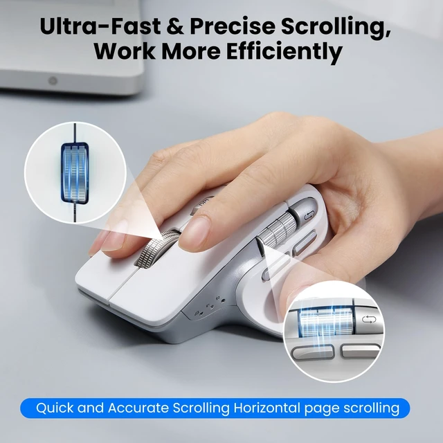 Alt view image 2 of 7 - CITLLA Wireless Bluetooth Mouse, Ergonomic Rechargeable Silent Mouse with Multi-Device, Adjustable DPI, Flying Scroll & Thumb Wheel, Bluetooth Mice for Laptop, Computer, Tablet, Smartphone (White)