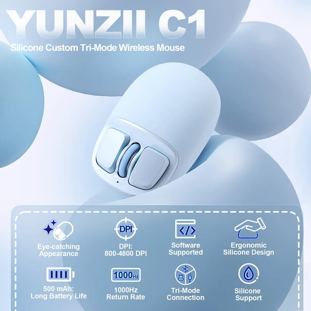 Alt view image 2 of 7 - YUNZII C1 Wireless Tri-Mode Wireless Mouse 4800 DPI Optical (Blue) | 6-Level DPI, Optical Tracking, 500mAh Battery, 2.4G/USB-C/BT, Custom Mice for Laptop, Computer, iPad, MacBook