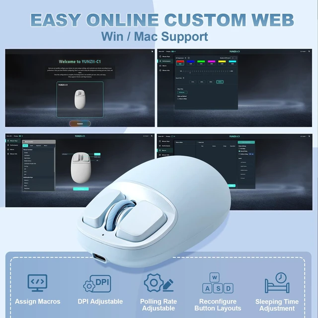 Alt view image 7 of 7 - YUNZII C1 Wireless Tri-Mode Wireless Mouse 4800 DPI Optical (Blue) | 6-Level DPI, Optical Tracking, 500mAh Battery, 2.4G/USB-C/BT, Custom Mice for Laptop, Computer, iPad, MacBook