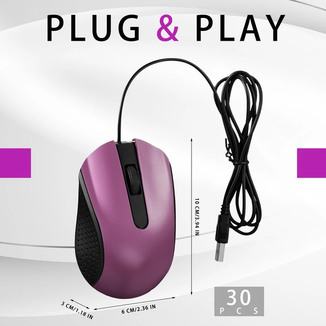 Alt view image 2 of 7 - Bonuci 30 Pack Computer USB Wired Mouse Bulk 3 Button 800/1200 DPI Purple | Ergonomic Noiseless Corded Computer Mice for Laptop, PC Desktop, Computers, Office, School, Classroom Supplies