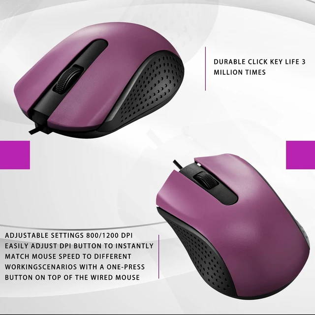 Alt view image 3 of 7 - Bonuci 30 Pack Computer USB Wired Mouse Bulk 3 Button 800/1200 DPI Purple | Ergonomic Noiseless Corded Computer Mice for Laptop, PC Desktop, Computers, Office, School, Classroom Supplies