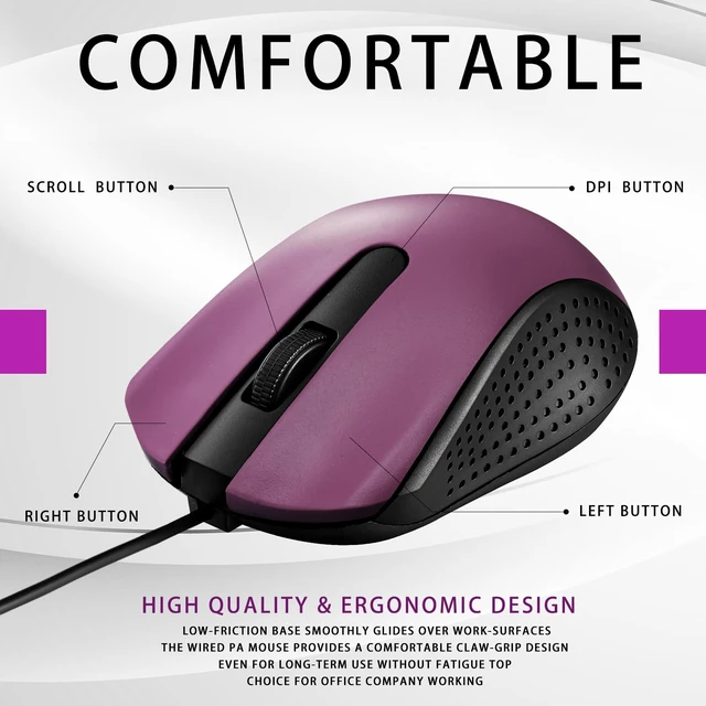 Alt view image 4 of 7 - Bonuci 30 Pack Computer USB Wired Mouse Bulk 3 Button 800/1200 DPI Purple | Ergonomic Noiseless Corded Computer Mice for Laptop, PC Desktop, Computers, Office, School, Classroom Supplies