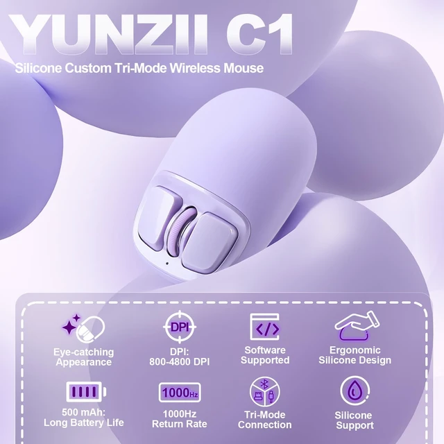 Alt view image 2 of 7 - YUNZII C1 Wireless Tri-Mode Wireless Mouse 4800 DPI Optical (Purple) | 6-Level DPI, Optical Tracking, 500mAh Battery, 2.4G/USB-C/BT, Custom Mice for Laptop, Computer, iPad, MacBook
