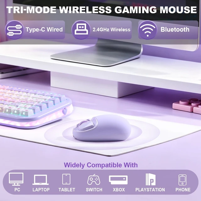 Alt view image 3 of 7 - YUNZII C1 Wireless Tri-Mode Wireless Mouse 4800 DPI Optical (Purple) | 6-Level DPI, Optical Tracking, 500mAh Battery, 2.4G/USB-C/BT, Custom Mice for Laptop, Computer, iPad, MacBook