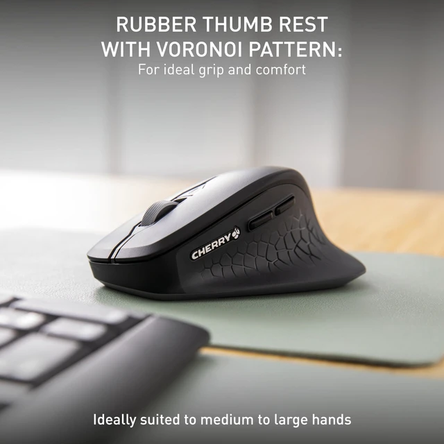 Alt view image 3 of 7 - Cherry Stream Mouse Comfort, Wireless Ergonomic Mouse with Rubberized Thumb Rest, for Right-Handers, 2.4 GHz, 6 Whisper-Quiet Buttons, Battery-Powered, Black
