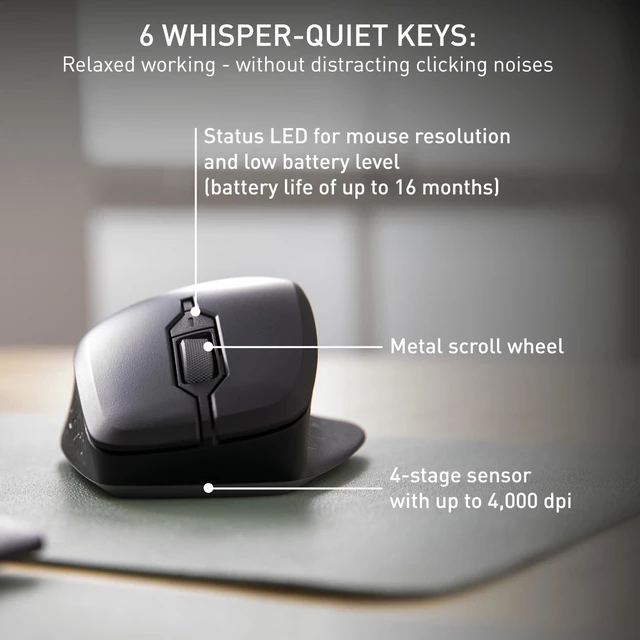 Alt view image 6 of 7 - Cherry Stream Mouse Comfort, Wireless Ergonomic Mouse with Rubberized Thumb Rest, for Right-Handers, 2.4 GHz, 6 Whisper-Quiet Buttons, Battery-Powered, Black