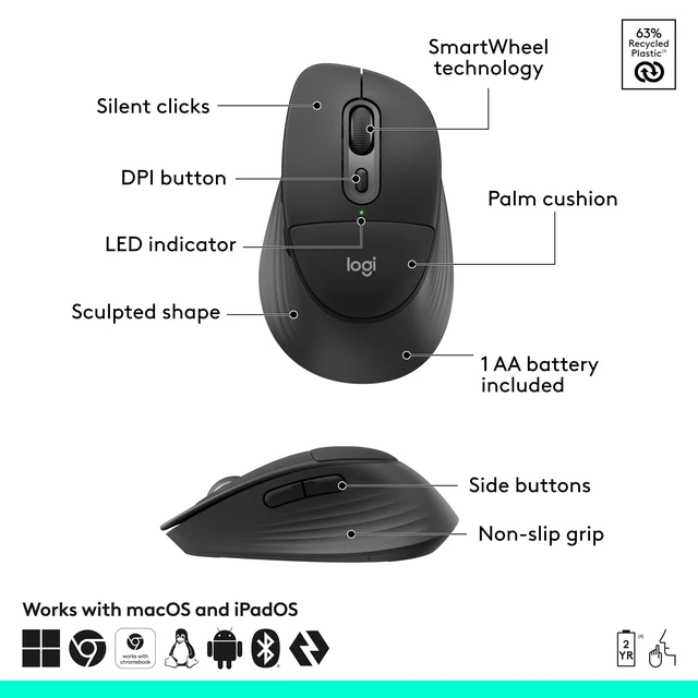 Alt view image 2 of 7 - Logitech Signature Comfort Plus M850 L for Business Wireless Mouse | Sculpted design with palm cushion, secure receiver/Bluetooth, for business, Windows/Mac/ChromeOS/Linux/iPadOS