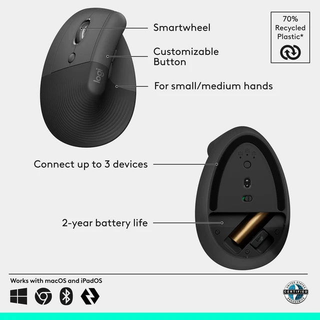 Alt view image 6 of 7 - Logitech Left Handed Lift Vertical Ergonomic Wireless Mouse - Graphite | Connect via Bluetooth or included Logi Bolt USB-A receiver, quiet clicks, 4 of 6 buttons customizable, Windows Mac compatible