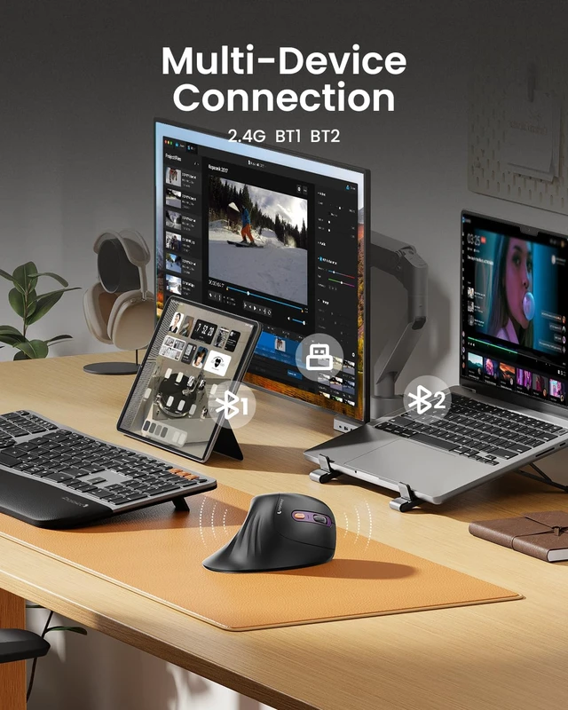 Alt view image 3 of 7 - ProtoArc EM11 NL Wireless Ergonomic Mouse, Rechargeable, Black Purple | 58° vertical design supports a natural wrist posture, connect 3 devices via Bluetooth/2.4G USB-A, 500mAh USB-C rechargeable.