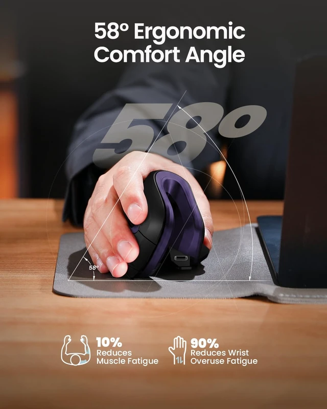 Alt view image 7 of 7 - ProtoArc EM11 NL Wireless Ergonomic Mouse, Rechargeable, Black Purple | 58° vertical design supports a natural wrist posture, connect 3 devices via Bluetooth/2.4G USB-A, 500mAh USB-C rechargeable.
