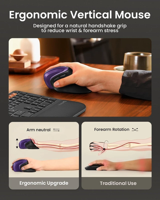 Alt view image 6 of 7 - ProtoArc EM11 NL Wireless Ergonomic Mouse, Rechargeable, Black Purple | 58° vertical design supports a natural wrist posture, connect 3 devices via Bluetooth/2.4G USB-A, 500mAh USB-C rechargeable.