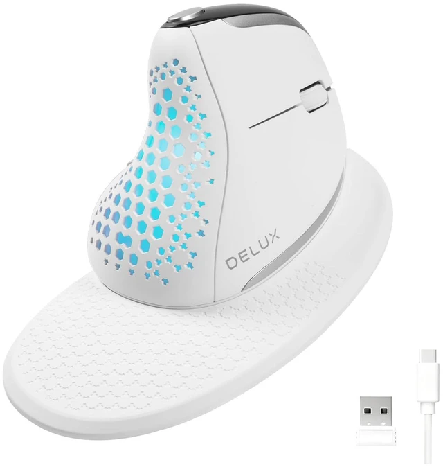 Main image of DELUX Seeker Ergonomic Vertical Wireless Mouse with OLED Screen (M618XSD) | 6 Buttons&Thumb Wheel Function, Silent Click, Up to 7200DPI, Programmable, Rechargeable, BT/2.4G/Wired, RGB Light (White)