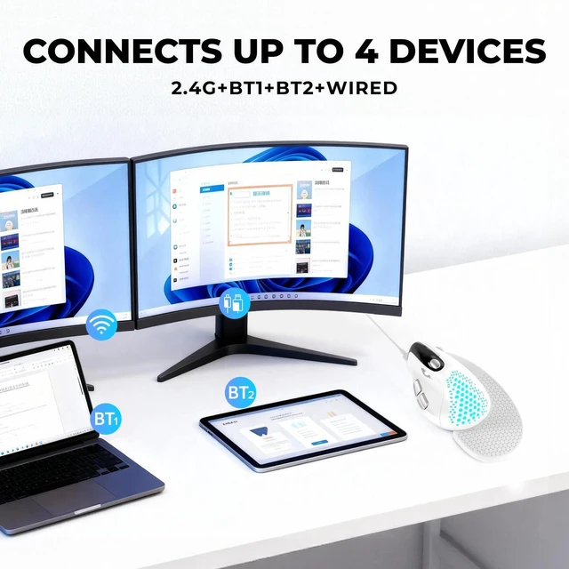 Alt view image 6 of 7 - DELUX Seeker Ergonomic Vertical Wireless Mouse with OLED Screen (M618XSD) | 6 Buttons&Thumb Wheel Function, Silent Click, Up to 7200DPI, Programmable, Rechargeable, BT/2.4G/Wired, RGB Light (White)