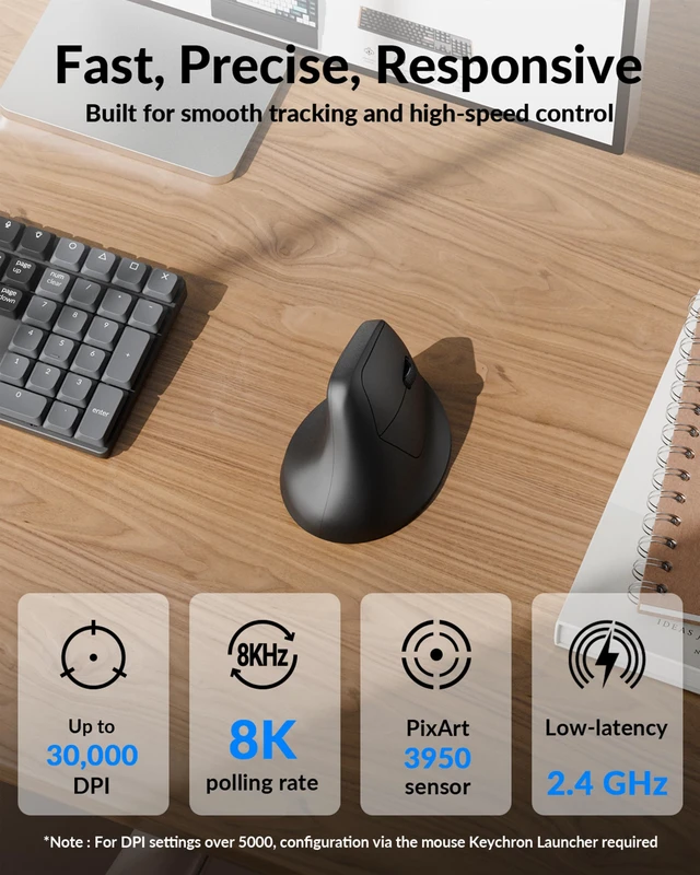 Alt view image 2 of 7 - Keychron M5 8K Wireless Vertical Mouse with Thumb Wheel, PixArt 3950 Sensor | 47° ergonomic grip, Up to 30K DPI, 2.4 GHz/Bluetooth 5.3/USB-C, Programmable Buttons for Laptop macOS/Windows