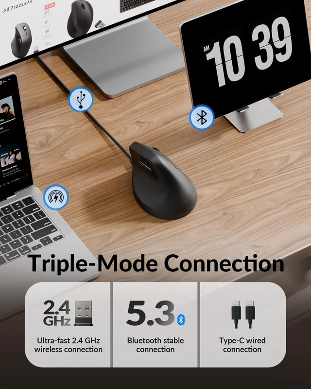Alt view image 4 of 7 - Keychron M5 8K Wireless Vertical Mouse with Thumb Wheel, PixArt 3950 Sensor | 47° ergonomic grip, Up to 30K DPI, 2.4 GHz/Bluetooth 5.3/USB-C, Programmable Buttons for Laptop macOS/Windows