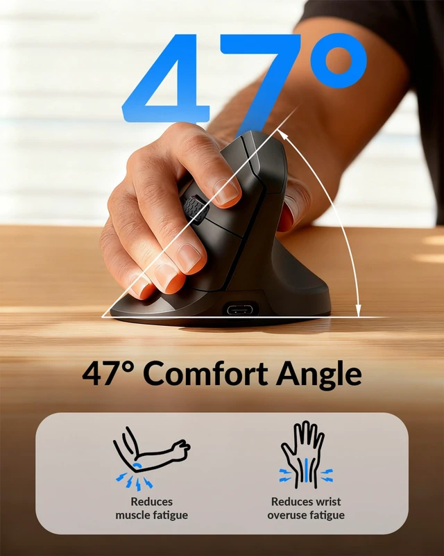 Alt view image 6 of 7 - Keychron M5 8K Wireless Vertical Mouse with Thumb Wheel, PixArt 3950 Sensor | 47° ergonomic grip, Up to 30K DPI, 2.4 GHz/Bluetooth 5.3/USB-C, Programmable Buttons for Laptop macOS/Windows